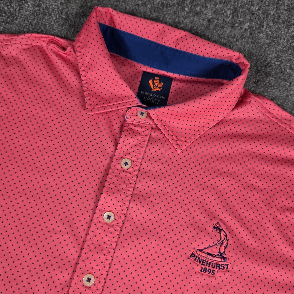 Pinehurst Donald‎ Ross Sport Polo Mens Large Pink Polka Dot Performance Golf